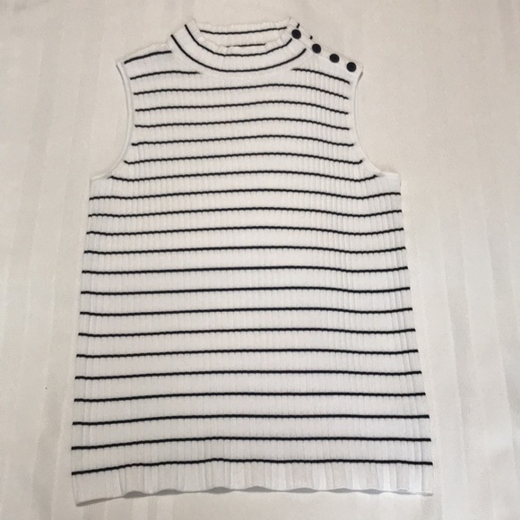 Talbots White Black Stripe Sleeveless Ribbed Mock Neck Sweater SP - Picture 11 of 14